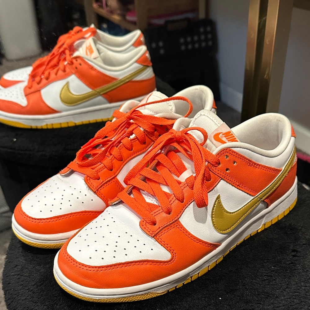 Nike Dunk Orange and White Sneakers with Gold Details